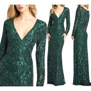 Mac Duggal  [ 5451 ] V-Neck L/S Sequin Beaded Gown‎ Forest Green Size 12